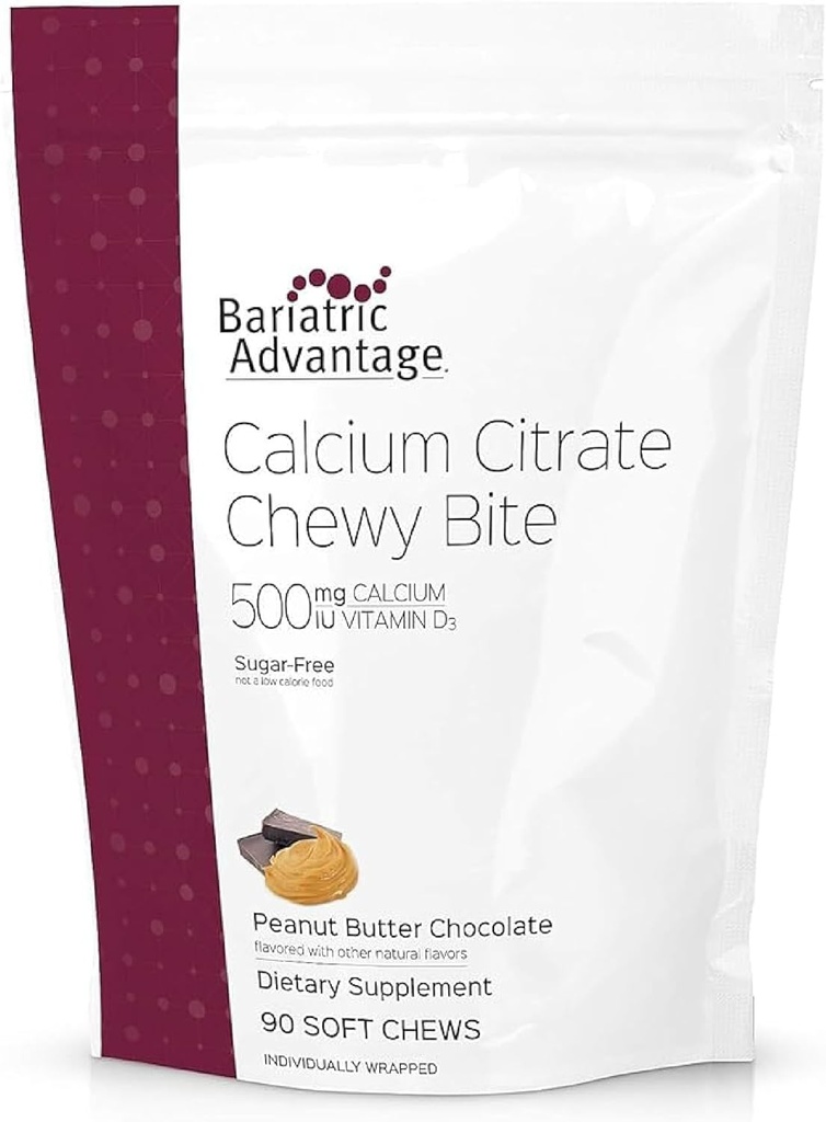 Bariatric Avantaj Calciu Citrate Chewy Bites 500 mg - Foarte absorbabil & Digestible - Vitamina D3 - Supliment de calciu ușor de mestecat - Unt de arahide Ciocolată - 90 Conte