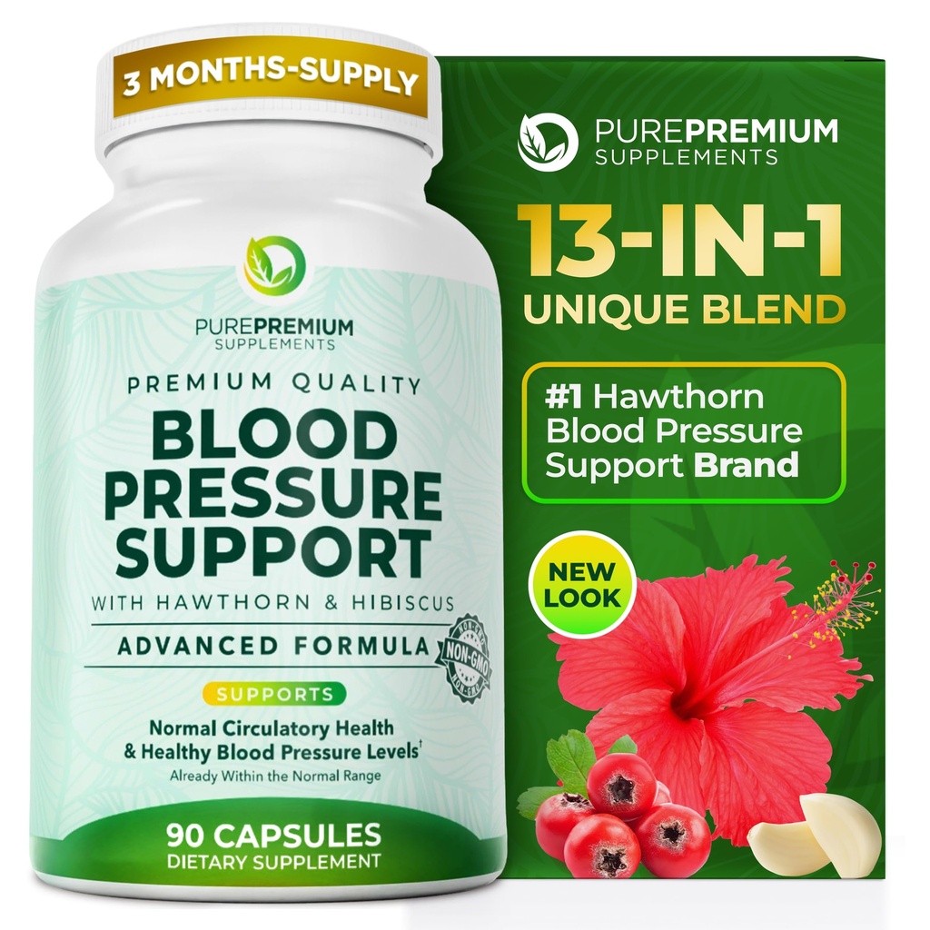 PurePremiu Suplimente de presiune a sângelui cu Hawthorn Berry, Hibiscus, Usturoi & Vitamina B12-Nitrogen supliment pentru sanatatea normala a inimii, Circulație Sănătate și suport de presiune a sângelui - 90ct