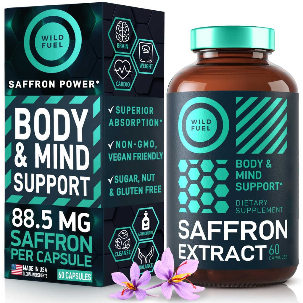 Saffron Suplimente pentru femei și bărbați - 88,5 mg extract de șofran pur - Antioxidant, Sănătatea ochilor, Suport energetic și Booster Mood - Vegan, Made in USA, 60 capsule o dată pe zi