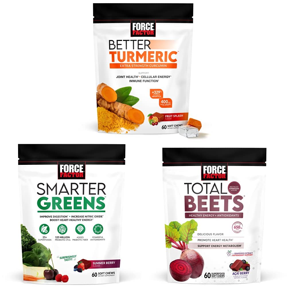 Force Factor Better Turmeric Joint Supplement & Smart Greens Superfood Chews, 60 Soft Chews & Total Beets Soft Chews, 60 Chews