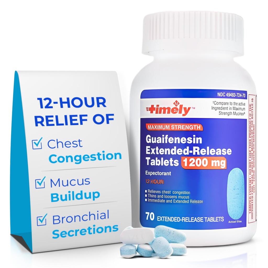 Timpul-CAP LABS, INC. Timely Guaifensin 1200 mg Extended Release Tablets - Expector Mucus Relief & Congestionare toracică pentru adulți - durează până la 12 ore - 70 Conte