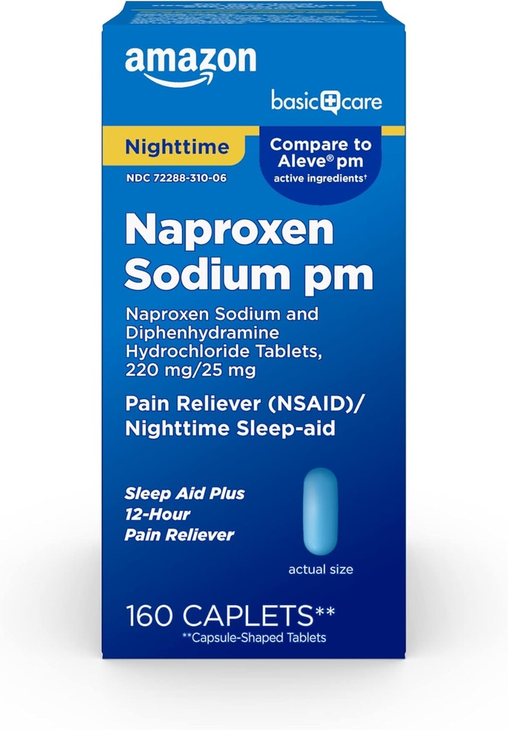 Îngrijire de bază All Night Pain Relief PM, Naproxen Sodiu, 220 mg/Difenhidramină clorhidrat, 25 mg comprimate, Durere Reliever/Nighttime Sleep-Aid, 160 Conte