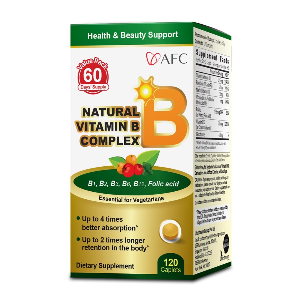 AFC Japonia Natural Vitamina B Complex cu B1, B2, B3, B6, B12, Acid folic & Glutatione Drojdie Extract, Fără Sintetice, Non-GMO, Supliment pentru Stress, Energie, Sistem imunitar și nervos,120 Caplete Vegan