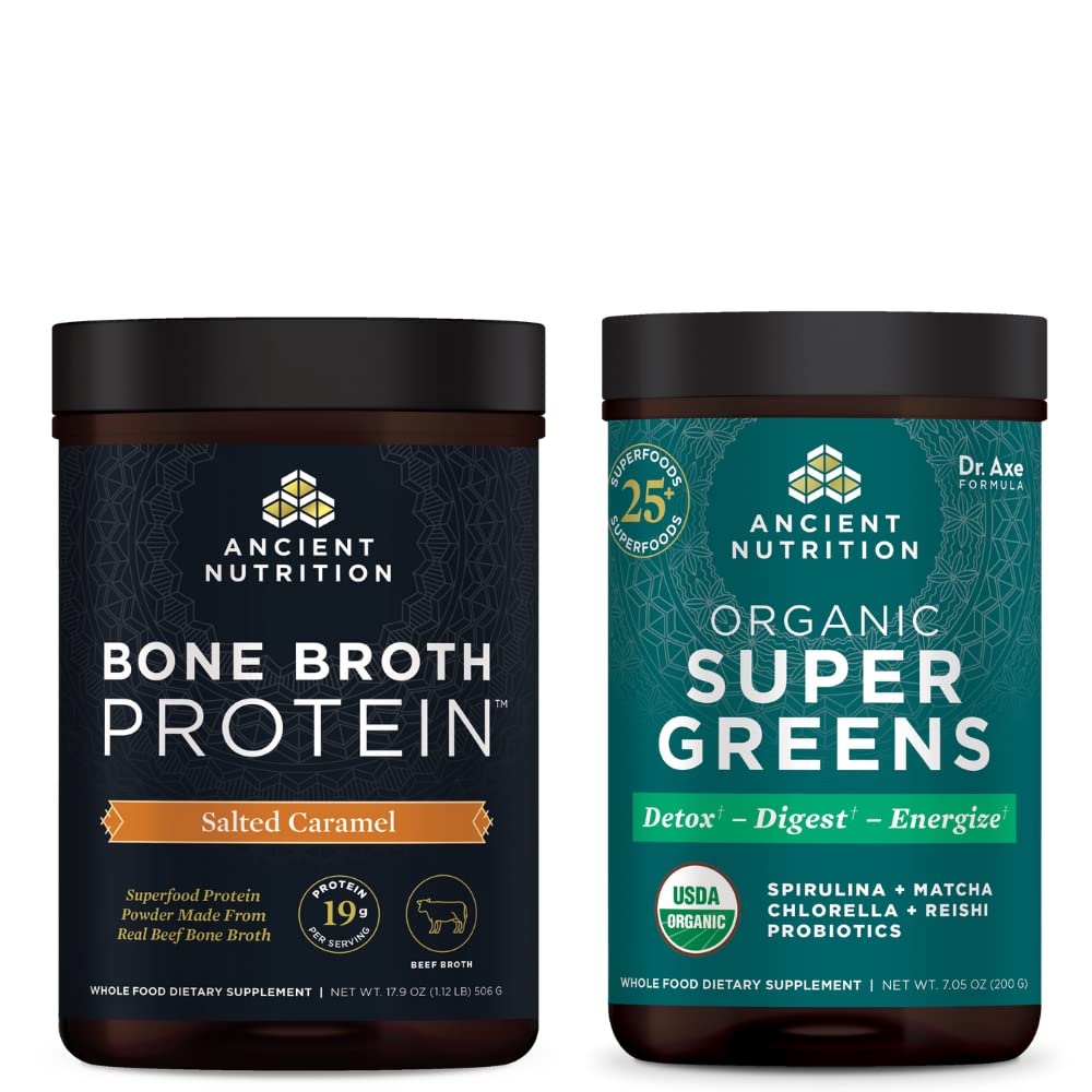Nutritie antica Pudră de proteine de Broth Bone, Caramel sarat, 20 Serviri + Supergreen organice pulbere, aroma verde, 25 Serviri
