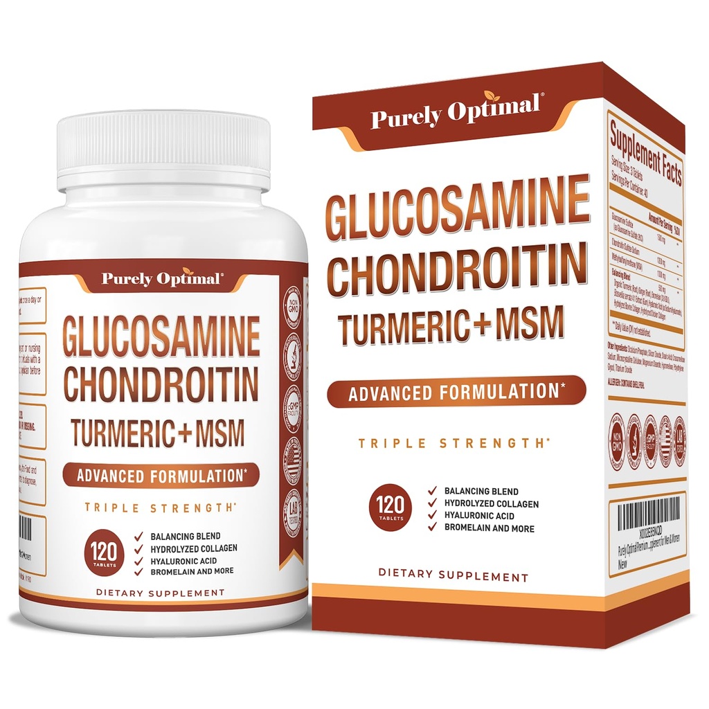 Pur Optimal Glucosamină Chondroitin MSM Supliment w/Turmeric & Boswellia - Glucosamine sulfate Supliment comun pentru bărbaţi şi femei - 120 comprimate