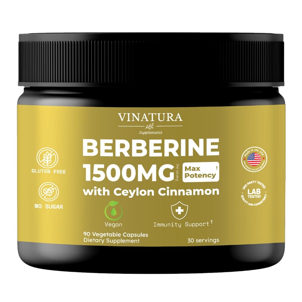 VINATURA Berberine 1500mg - Berberine Supliment cu Ceylon Scorțișoară, Max Potenty Berberine HCL - 90 Capsule