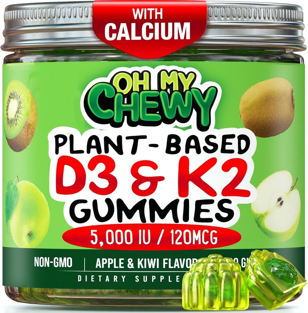 Vitamina D3 K2 Gummies - Copii, adolescenți și adulți - Supliment pentru Dinți Sănătoși, Oase, Energie și Imunitate - 5000 UI D3, 120 mcg K2(MK-7), 120 mg Calciu - Vegan & Non-GMO - 60 Conte