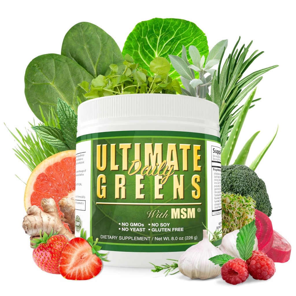 Sănătate zilnică, Verzi Ultimate cu MSM Pulbere, Vegan Ingrediente naturale prietenoase Gluten Soy Free NU OMG Superalimentar Legume nutritionale băutură Alkalizing Energie 8oz 1 pachet (1 lună de aprovizionare)