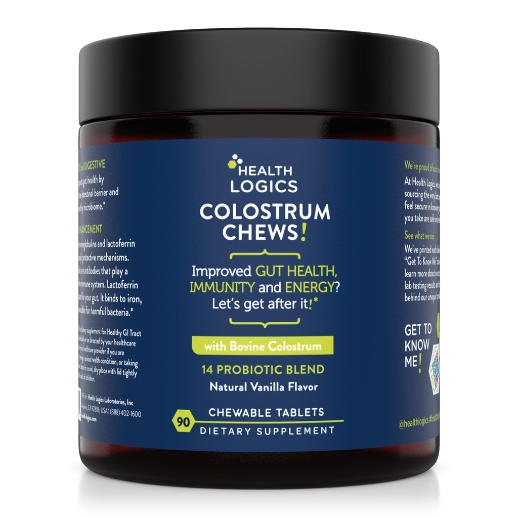 Logica sanatatii Colostrum Chews-Colostrum Supliment 25% IgG pentru sanatate gutoasa, Suport imunitar, Cresterea parului, Aroma de vanilie, 90 Serviri, Superalimente intreg bovine Colostru