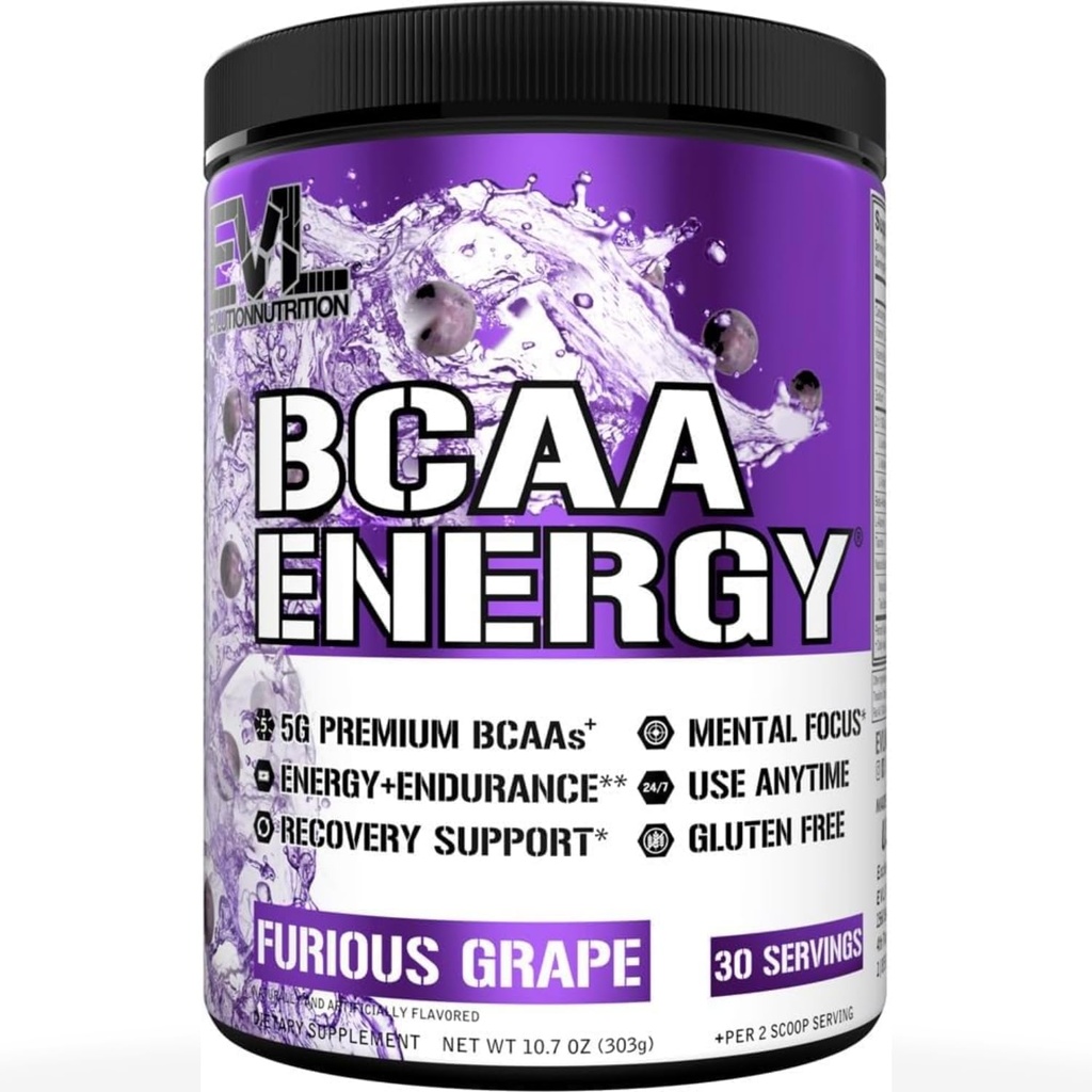 EVL BCAAs Aminoacids Powder - BCAA Energy Pre Workout Powder for Muscle Recovery Lean Growth and Endurance - Rehidratare Post Workout Recovery Drink with Natural Cafeine - Furious Grape