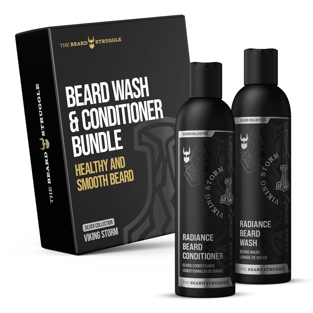 Lupta cu barbă - Radiance Beard Wash & Balsam Bundle - Silver Collection - Pack of 2, Viking Storm - Nourish, Cleanse, Softens, & Bounts Beard - Beard Wash and Conditioner for Men
