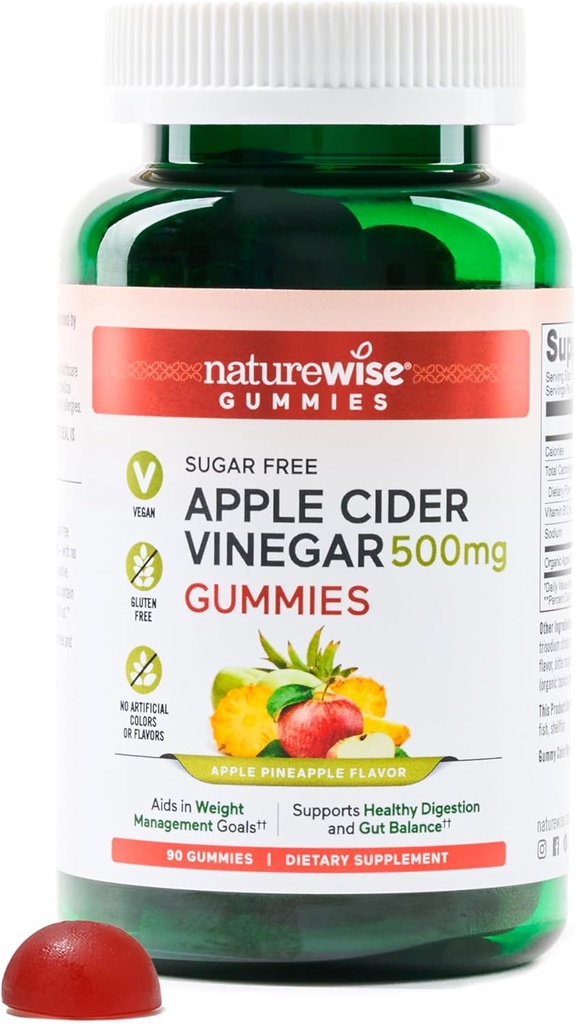 NatureWise Apple Cidru Otegar ACV Gummies - 1000mg ACV per 2, Sugar Free, Vegan - Energy & Gut Health - ACV Gummies W/Vitamin B12-90 Gummies[1,5-Month Supply for 1000mg / 3-Month Supply for 500mg]