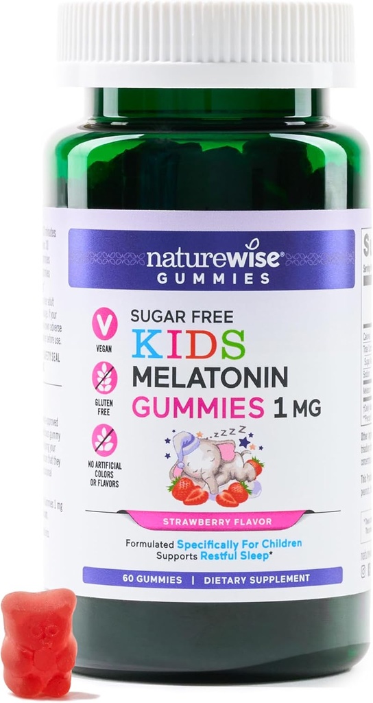 NatureWise Kids Melatonin 1 mg Gume fără zahăr pentru copii Vârsta 4 și în sus - non-Habit de formare de ajutor de somn - aroma de căpșuni - Vegan, nr Gluten, non-GMO - 60 Conte[2-Month Supply]