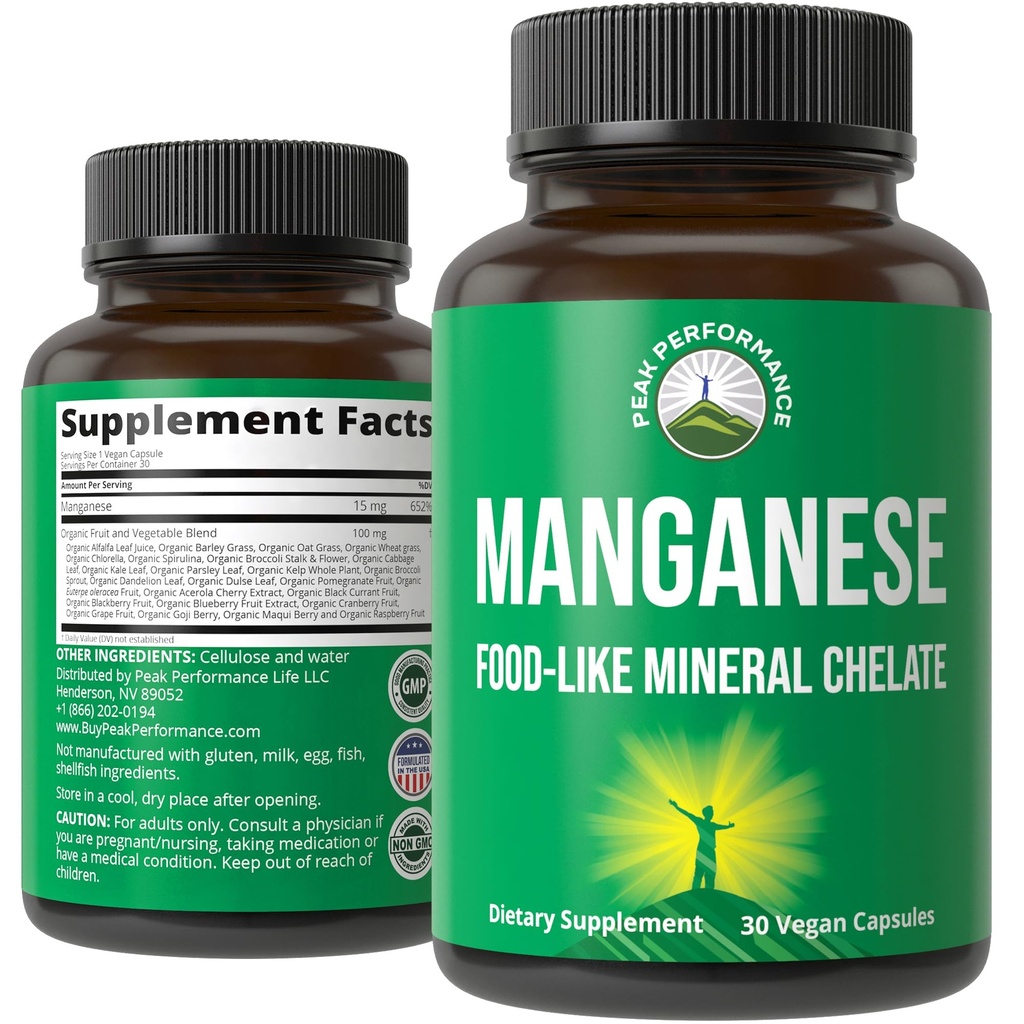 Mangan Supliment alimente ca minerale Chelated pentru absorbţie superioară cu amestec alimentar întreg de 25+ fructe şi legume. Capsule minerale Pure pentru tesut conjunctiv, sanatate osoasa, suport enzimatic