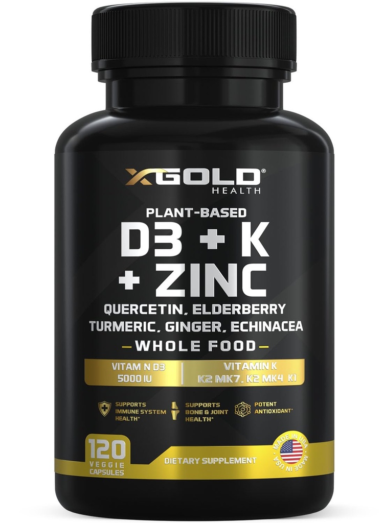 Vitamina D, K2, K1, Zinc, Querbetin, Elderberry, Turmeric, Ginger & Echinacea Suplimentul alimentar întreg 8 în 1- D3 5000 UI Plant-Based de la Lichen, Vitamina K (K2 MK7, MK4, K1), D3 K2 Vitamine -120 Capsule