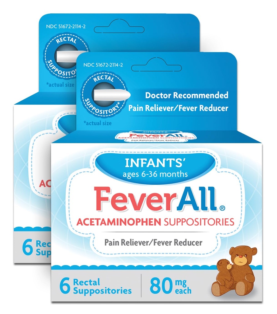 Feverall sugar Acetaminophen Samplers 6 Rectal Sampitors 80mg Fiecare Reliever durere / Reductor Fever. Paraben gratuit, fără culori artificiale sau alte conservanți. Vârsta 6-36 de luni. Value 3 Pack.