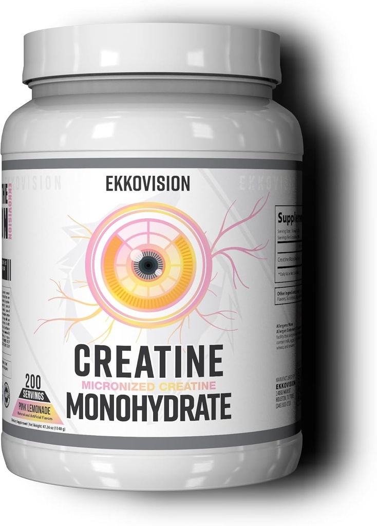 Ekkovision Creatin Monohidrat pulbere, Micronited, Limonadă roz, Pre Workout & Post Supliment de antrenament pentru bărbați și femei, Suport energetic, Ușor de amestecat în Shake-uri, Smoothies & Beverages, 200 Serviri