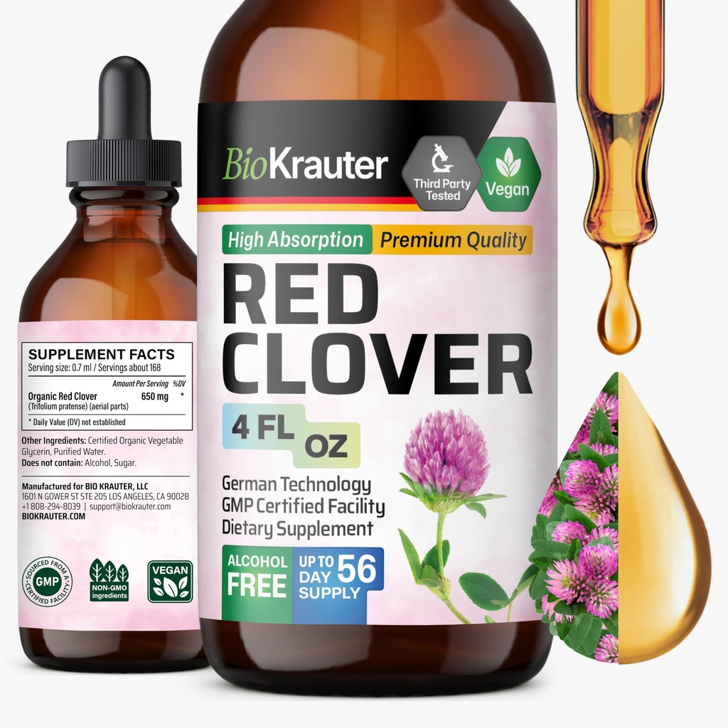 BIO KRAUTER Red Clover Tincture - Red Clover Extract - Lichid Supliment pentru femei de sprijin - Alcool și zahăr gratuit - Picături Vegan 4 Fl.Oz.