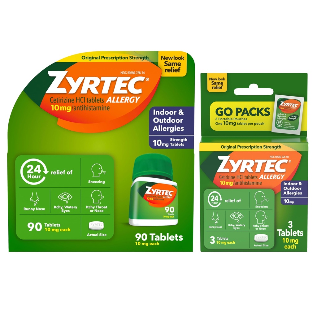 Zyrtec 24 ore Suplimente pentru alergii, medicamente pentru alergii în interior şi exterior cu 10 mg Cetirizină clorhidrat antihistamină, valoare Bundle de unul, 90 ct Flacon & Trei, 1 ct Pachete pentru călătorii