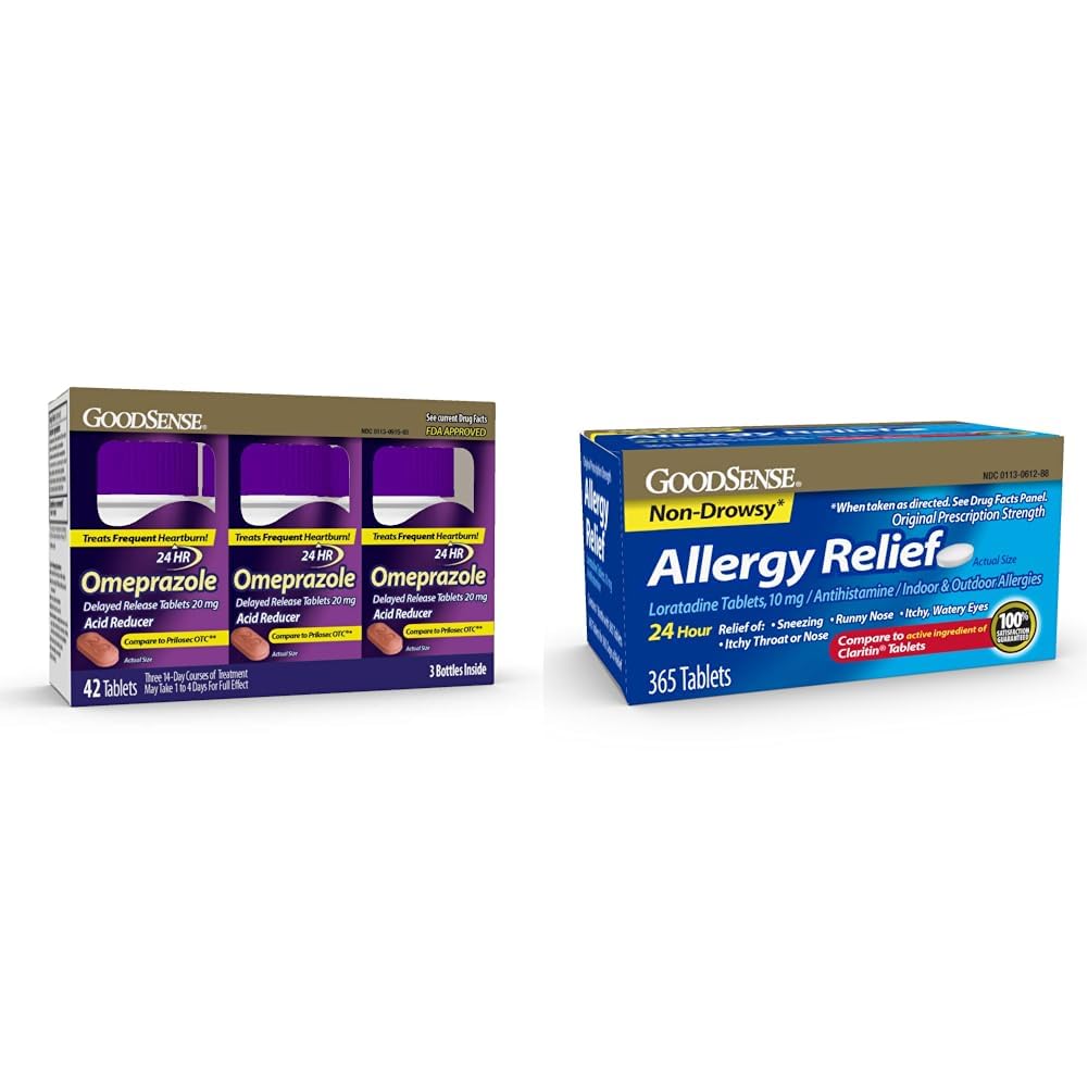 Comprimate de Omeprazole GoodSense 20mg 14 Cutie cu 3 comprimate & Loratadină 10mg 365