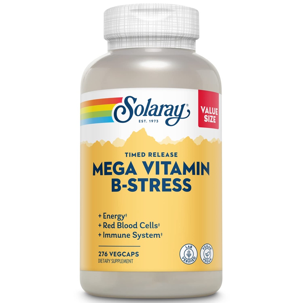 SOLARAY Mega Vitamina B-stress - Timed Release Vitamina B Complex w/Vitamina B12, B6, Acid folic, VIT. C - Stres, Energie, Red Blood Cell, Immune Support - Vegan, 60-Day Guarantee (276 CT)