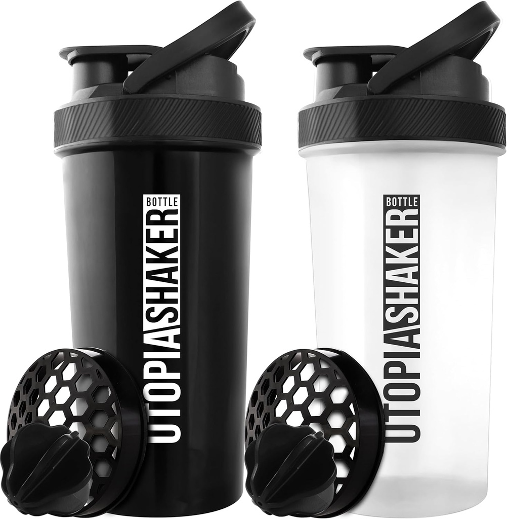 Utopia Home Proteine Shaker Sticla - (Pachet de 2) 28-Ounce sticle Shaker pentru amestecuri de proteine - Fitness Sports Classic Proteina Mixer Shaker Sticla (Black & Clear/Black)
