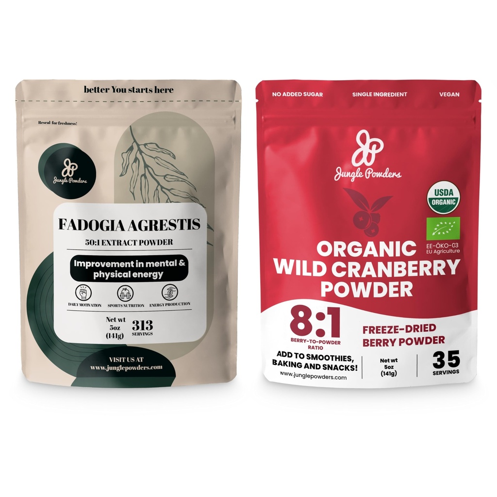 Pudre Jungle Ultimate Bărbaţi Wellness Duo: 5 oz Fadogia Agrestis Extract & 5 oz Organic Wild Cranberry pulbere - Nigerian Fadogia Supliment pentru Drive & Passion, USDA Certified Cranberry Superfood