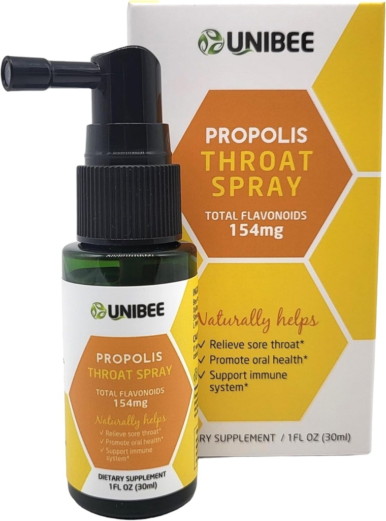 UNIBEE Propolis Gât Spray (Total Flavonoids 154mg) - Sore Ghroat Relief, Oral Health Promotion, Natural Immune Support, Alcool-Free & Water-Soluble Propolis