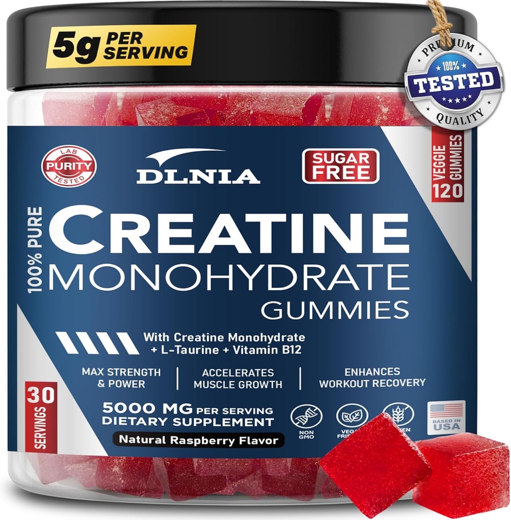 120 Creatine Monohidrat Gume pentru bărbaţi şi femei, Vegan-Friendly, Zahăr-Free, & Tasty Chewables - Instantizat Creatine Gumies pentru creşterea musculare îmbunătăţite, recuperare, & Performanţă (Raspberry)