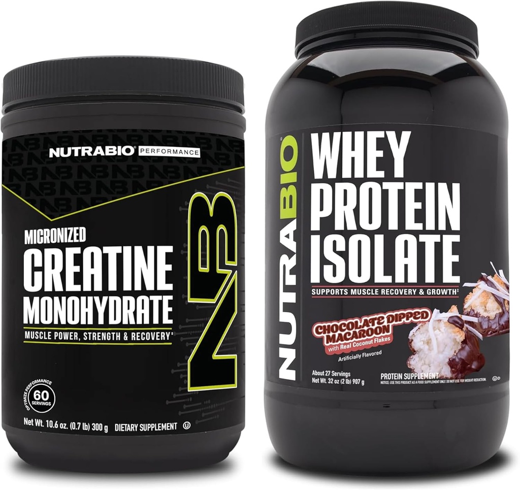 NutraBio Creatina Monohidrat, Nearomate, 300g și Whey Proteine Izolat, Ciocolata Cufundat Macaroon, Supliment Bundle - Energie musculară, creștere musculară Lean, recuperare, și puterea