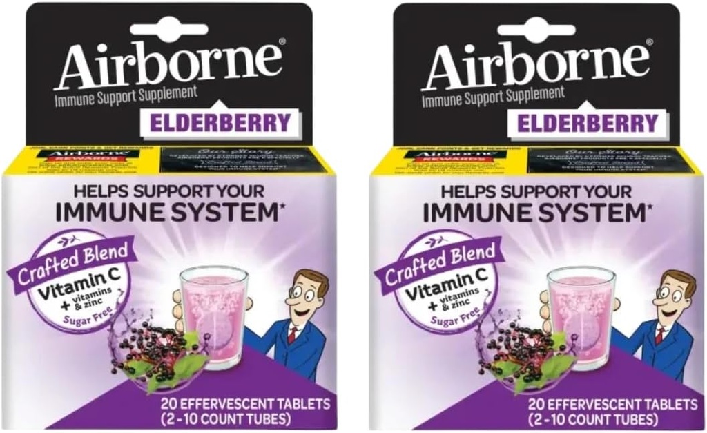 Extract de elderberry + vitamina C 1000mg (per Serving) - comprimate efervescente de aer (20ct), supliment de sprijin imun fără gluten, cu vitamine A C E, ZINC & Seleniu, zahăr fără pachet de 2)