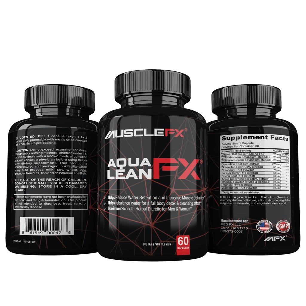 AquaLean FX Putere maximă de apă diuretică Pastile pentru reținerea apei și definirea musculare Lean pentru bărbați și femei, 60 capsule