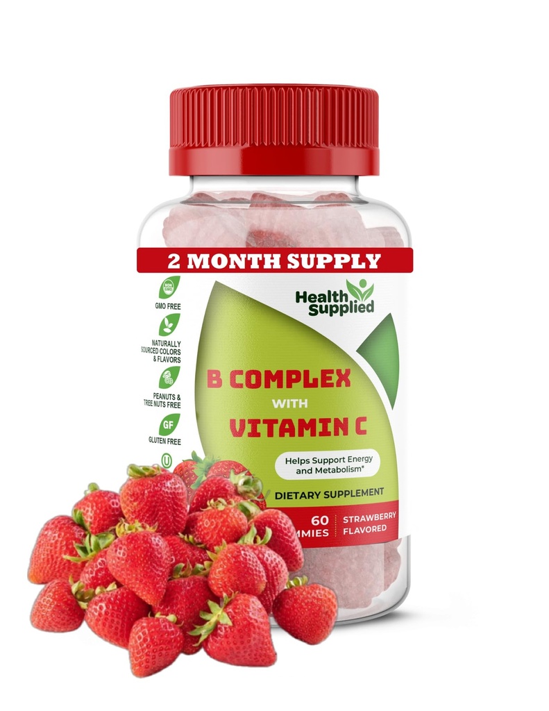 Aroma de capsuni Vitamina B Complex Gummies - B Complex cu vitamina C - Suportă sistemul nervos și stimulează nivelurile de energie - Asistă la funcția cognitivă - Tasting mare și ușor de înghițit