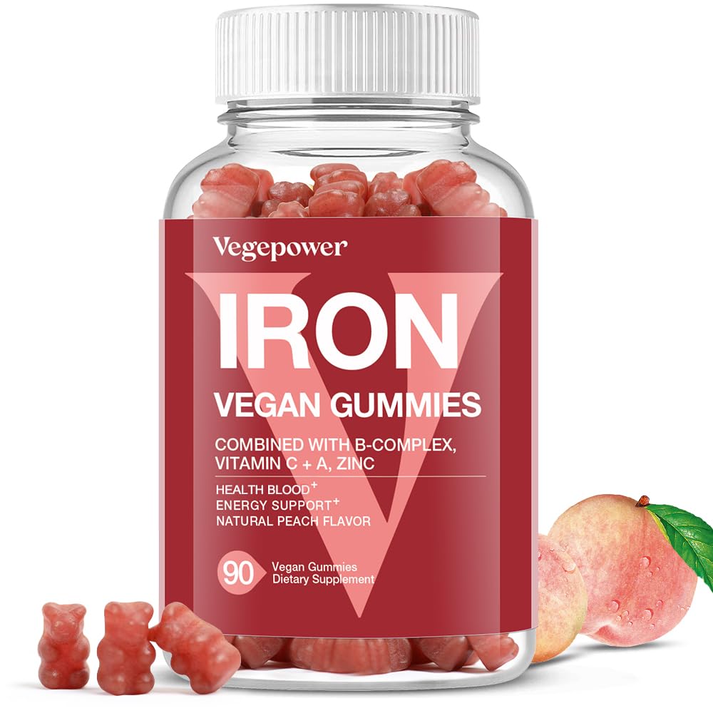 Suplimentul Vegan Iron Gummies - cu vitamina C, A, B-complex, Folat, Zinc pentru adulți și copii - Sănătate sânge și energie suport pentru deficit de fier, anemie, nu după gust - aromă de piersici (90 Ct)