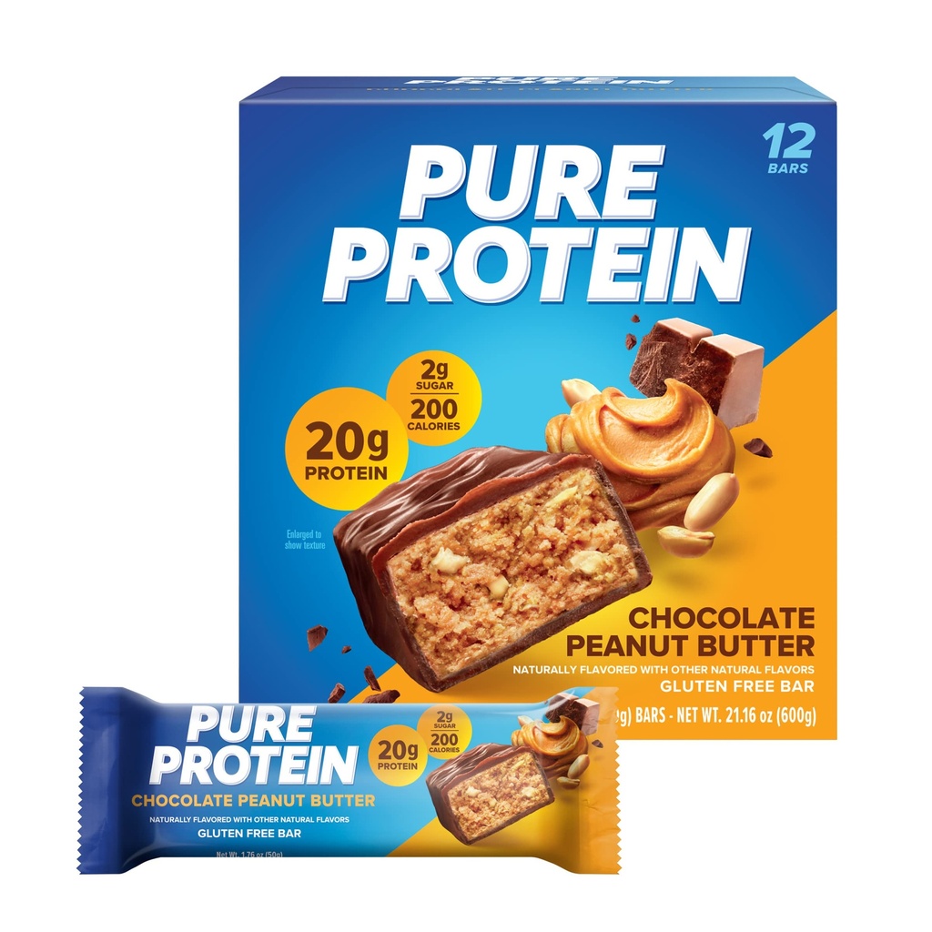 Baruri de proteine pure, proteine mari, gustări nutritive pentru a sprijini energia, zahăr scăzut, gluten gratuit, unt de arahide de ciocolată, 1.76oz, 12 Conte (Packing May Vary)