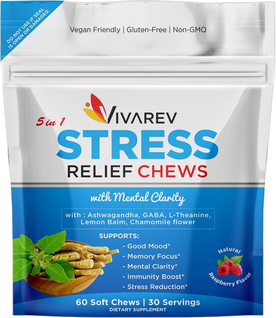 Stres Relief Ashwagandha Gummies - Formulat cu Ashwagandha, GABA, L Theanine, Lemon Balm & Chamomile Floare ca un relief de stres și focus Supliment - Aroma de zmeură naturale, pachet de 60