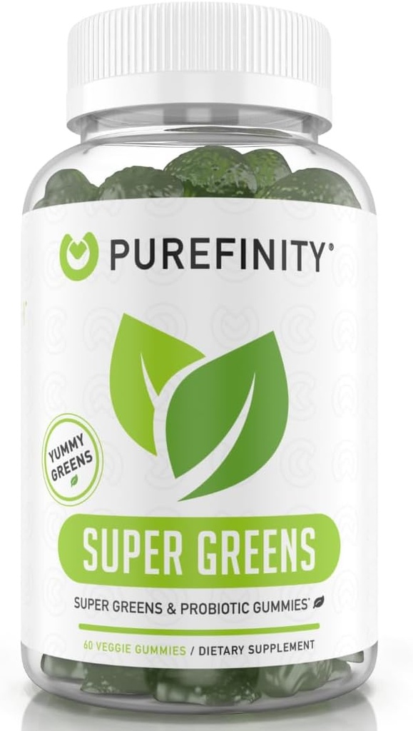 Purefinity Daily Super Greens Gumies cu Spirulina, Spanac, Broccoli, Sfeclă, Acai, și alte legume, All-in-One Veggie Supliment 