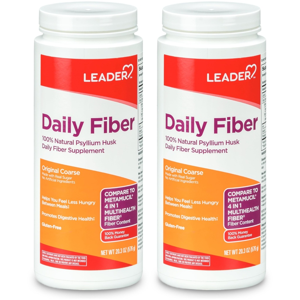 LEADER Psyllium Husk Powder Supliment 4-in-1 Fibră pentru Digestive Health, Plant Based 100% Natural Psyllium Husk Daily Fiber, Gluten Free, Non-GMO, Comparativ cu Metamucil 20.3 OZ (Pachet de 2)