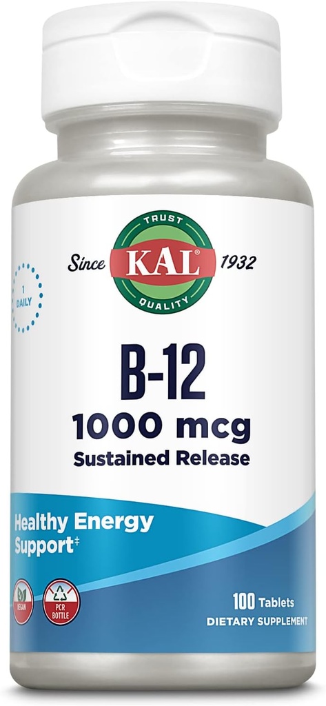 KAL Vitamina B12 1000mcg, supliment de eliberare sustinut pentru energie sanatoasa, metabolism, sanatate cardiaca, Nervi si suport de celule rosii din sange, Formula lunga, Vegan, 100 Serviri, 100 comprimate