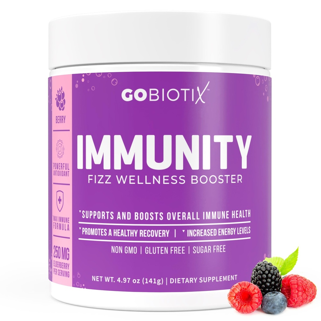GOBIOTIX Vitamina C - Supliment de sprijin pentru apărare imună - Imunity Powder Wellness Booster - Vegan Superfood - Elderberry, Turmeric, B12 Supliment de vitamine, non-GMO și zahăr gratuit (Berry)