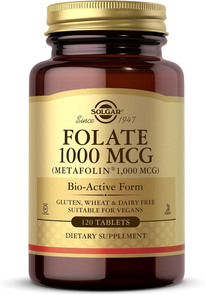 Solgar Folate 1000 mcg - 120 comprimate - 1000 mcg Bio-Active Metafolin - Vegan, Gluten Free, Dairy Free, Kosher - 120 Serviri