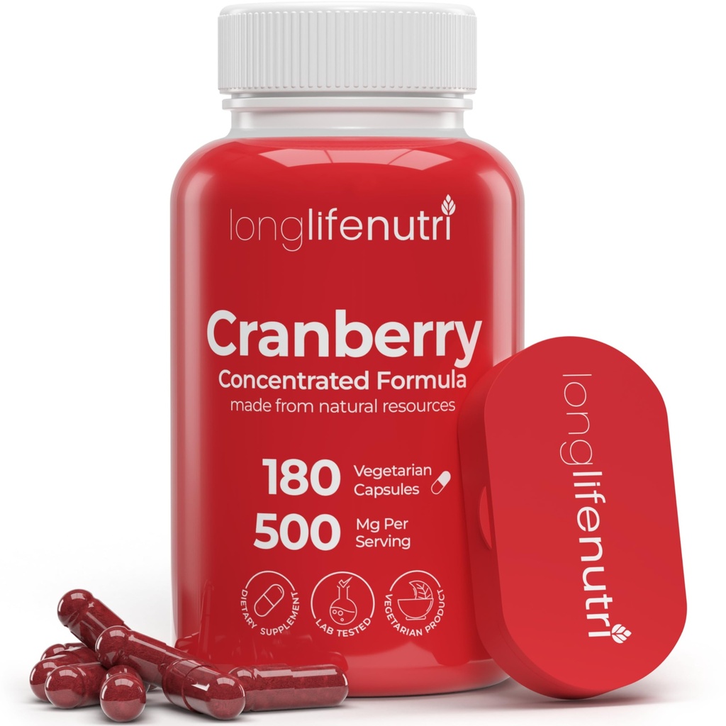 LongLifeNutri Cranberry Extract cu vitamina C & E - Formula concentrată pură, 500 mg per Serving, 180 capsule vegetariene, tract urinar Sănătate şi vezica urinară, 6 Luna de aprovizionare, Made in USA