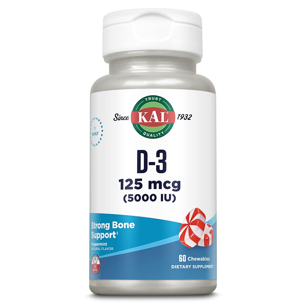KAL Vitamina D3 5000 UI 125 mcg, Potenţă mare Vitamina D Masticabile, Absorbţia calciului, Sănătatea osoasă şi Suplimentul de sprijin imun, Aroma de mentă naturală, Garanţie de 60 de zile, 60 de serviri, 60 Chews