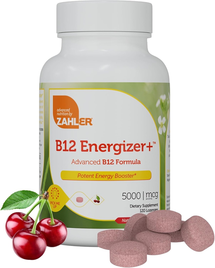 Zahler Energizer+ Vitamina B12-5000 mcg Vitamina B12 - Aroma naturala de cirese Lozenge dissolvabile - Kosher Gluten gratuit non-GMO B12 Vitamine 5000 mcg, energie Boost, Made in USA (120 Conte)