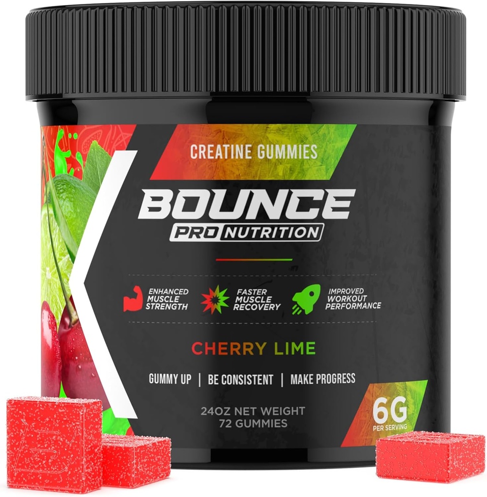 Bounce Pro Creatin Monohidrat Gummies for Men & Women, Low Calorie, 6G of Creatine per Serving, Vegan, Anti-Melting, Gluten-Free, Non-GMO, 2g of Creatin per Gummy (72ct, Cherry Lime)