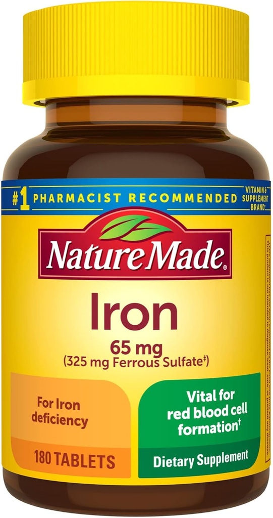 Nature Made Iron 65 mg (325 mg Ferous sulfate) Supliment alimentar pentru suport de celule roșii de sânge 180 comprimate (Pachet de 1)?