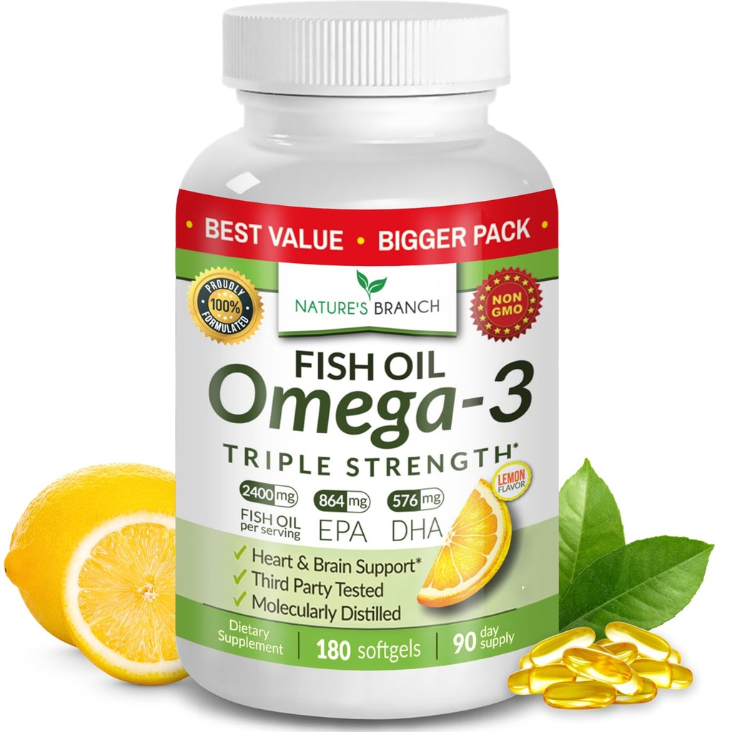Cea mai bună Putere Triplă Omega 3 Pastile de ulei de pește - 180 Capsule - 2400 mg High Potenta Burpless Lemon Flavor 864mg EPA 576mg DHA Ultra Pure Softgels lichid pentru articulații cerebrale Ochi Heart Health Supplement