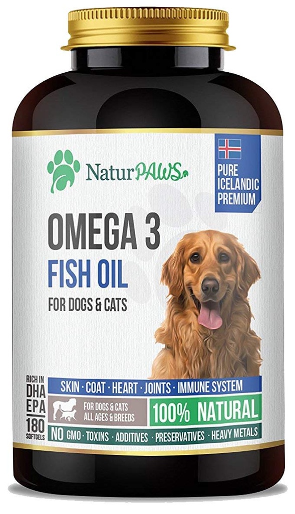 Omega 3 Suplimentul de ulei de pește pentru câini și pisici - 1000 mg DHA pură și Omegas EPA - Sprijină Haina sănătoasă și pielea, inima, sistemul imunitar, articulații și Hip - 180 softgels