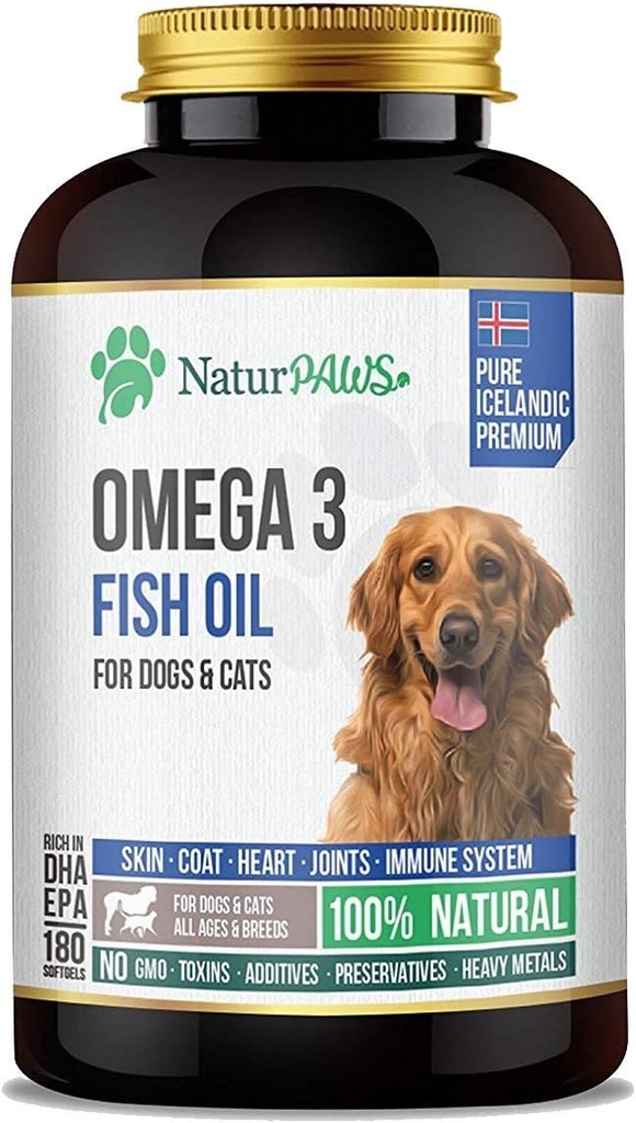 Omega 3 Suplimentul de ulei de pește pentru câini și pisici - 1000 mg DHA pură și Omegas EPA - Sprijină Haina sănătoasă și pielea, inima, sistemul imunitar, articulații și Hip - 180 softgels
