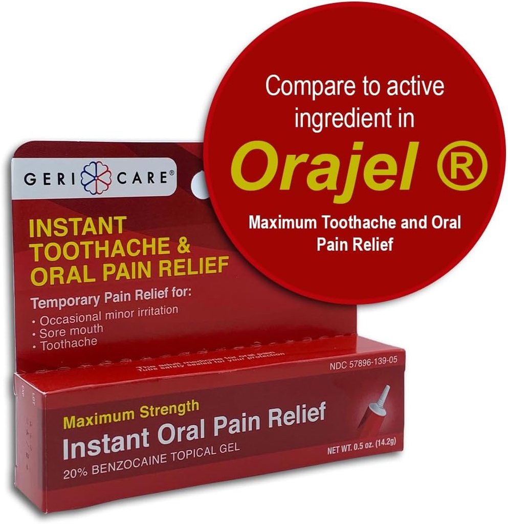GeriCare Benzocaină 20% Putere maximă Dureri de dinţi şi durere instantanee orală Gel 0,5 oz. Tratament rapid de amorţire a durerii pentru Toothaches, Iritaţie a gingiilor, Sensibilitate şi durere de gură (Pachet de 1)